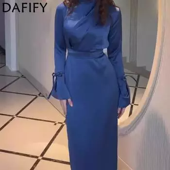 DAFIFY Женская мода весна-осень однотонный принт длинный рукав полуводолазка средняя талия повседневные платья S темно-синий