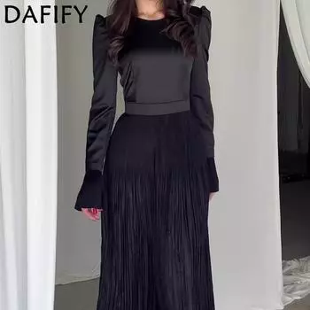 DAFIFY Женская мода весна-осень однотонный принт длинный рукав О-образный вырез средняя талия повседневные платья S чёрный