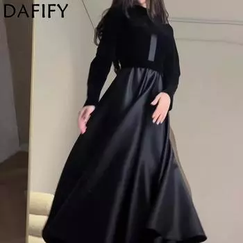 DAFIFY Женская мода весна-осень однотонный принт длинный рукав О-образный вырез средняя талия повседневные платья S чёрный