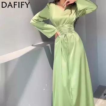DAFIFY Женская мода весна-осень однотонный принт длинный рукав V-образный вырез средняя талия повседневные платья S