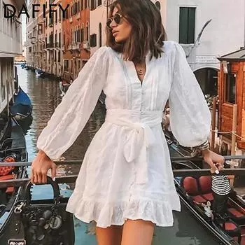 DAFIFY Женская мода весна осень однотонный принт с длинным рукавом с v-образным вырезом свободная талия повседневные платья S белый