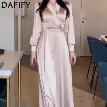 DAFIFY Женская мода весна-осень однотонный принт длинный рукав V-образный вырез средняя талия повседневные платья S чёрный