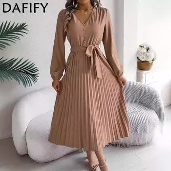 DAFIFY Женская мода весна осень однотонный принт с длинным рукавом и v-образным вырезом с высокой талией повседневные платья S хаки