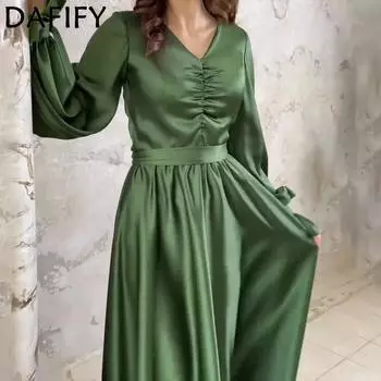 DAFIFY Женская мода весна-осень однотонный принт длинный рукав V-образный вырез средняя талия повседневные платья S зелёный