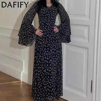 DAFIFY Женская мода весна-осень с геометрическим принтом, длинным рукавом, V-образным вырезом, средней линией талии, повседневные платья S чёрный