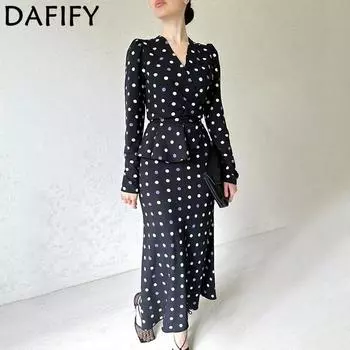 DAFIFY Женская мода весна-осень с принтом в горошек, длинным рукавом, V-образным вырезом, средней линией талии, повседневные платья S
