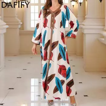 DAFIFY Женская мода весна-осень с принтом перьев, длинным рукавом, свободной талией, V-образным вырезом, коктейльные и вечерние платья M белый