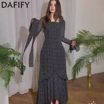 DAFIFY Женская мода весна-осень с принтом в горошек, с длинным рукавом, круглым вырезом и средней линией талии, повседневные платья S