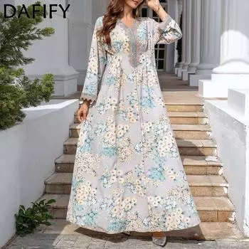 DAFIFY женские модные цветочные узоры с принтом, длинными рукавами и v-образным вырезом, свободная талия, коктейльные и вечерние платья M