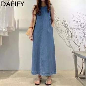 DAFIFY Женские модные джинсовые однотонные повседневные платья без рукавов с круглым вырезом и свободной талией S чёрный