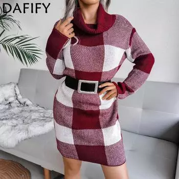 DAFIFY женские модные клетчатые повседневные свитера с высоким воротом, осенне-зимние платья с длинным рукавом и высоким воротом S