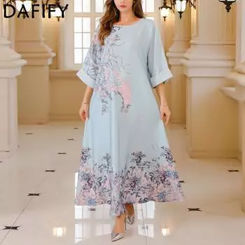 DAFIFY Женские модные коктейльные и вечерние платья с длинным рукавом и круглым вырезом со свободной талией M синий