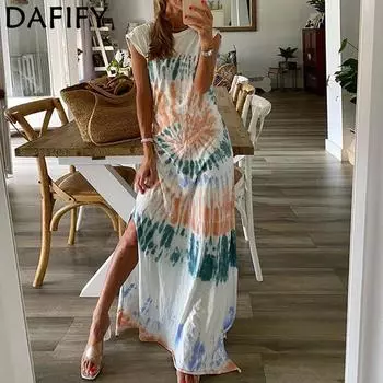 DAFIFY Женские модные летние и весенние повседневные платья с короткими рукавами и круглым вырезом с высокой талией S белый