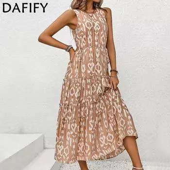 DAFIFY Женские модные летние и весенние повседневные платья трапециевидной формы с круглым вырезом и высокой талией без рукавов S коричневый