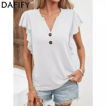 DAFIFY женские модные летние повседневные однотонные футболки и топы с короткими рукавами и v-образным вырезом с принтом S белый
