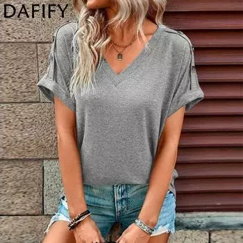DAFIFY женские модные летние повседневные однотонные футболки и топы с короткими рукавами и v-образным вырезом с принтом S