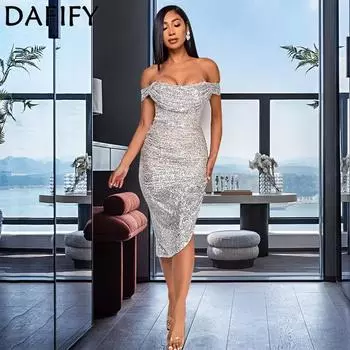 DAFIFY женские модные летние весенние однотонные коктейльные и вечерние платья без рукавов с высокой талией и принтом на одно плечо S серый