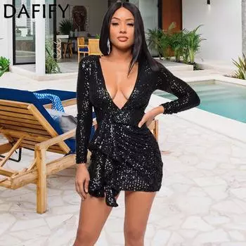 DAFIFY женские модные летние весенние однотонные коктейльные и вечерние платья с длинным рукавом и v-образным вырезом с высокой талией S чёрный