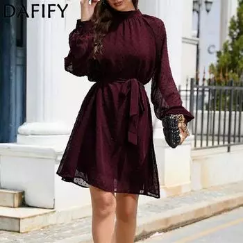 DAFIFY женские модные летние весенние однотонные повседневные платья с длинным рукавом и высоким воротом и высокой талией S