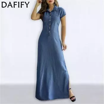 DAFIFY женские модные летние весенние однотонные повседневные платья с короткими рукавами и воротником-поло с высокой талией и принтом S серый