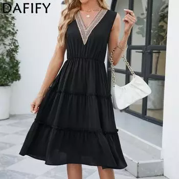 DAFIFY женские модные летние весенние однотонные повседневные платья без рукавов с v-образным вырезом и принтом S чёрный