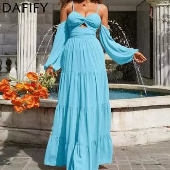 DAFIFY женские модные летние весенние однотонные повседневные платья с длинным рукавом и высокой талией с принтом S