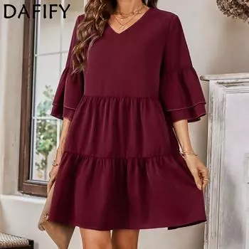DAFIFY женские модные летние весенние однотонные повседневные платья с рукавами 1/2 и v-образным вырезом со средней талией