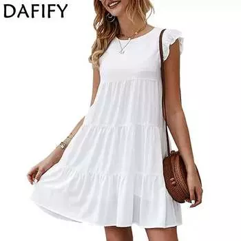 DAFIFY Женские модные летние весенние однотонные повседневные платья с короткими рукавами и круглым вырезом с принтом S белый