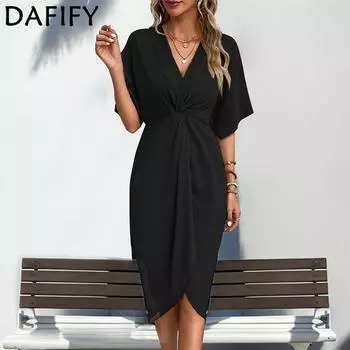 DAFIFY женские модные летние весенние однотонные повседневные платья с короткими рукавами и v-образным вырезом и высокой талией S чёрный