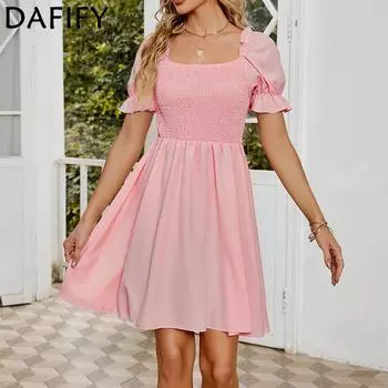 DAFIFY женские модные летние весенние однотонные повседневные платья с короткими рукавами и квадратным воротником и высокой талией S