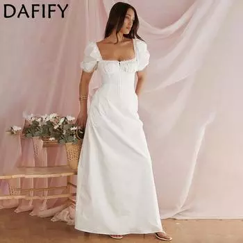 DAFIFY женские модные летние весенние однотонные повседневные платья с короткими рукавами и квадратным воротником и высокой талией