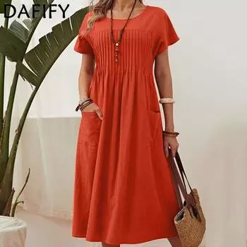 DAFIFY женские модные летние весенние однотонные повседневные платья с короткими рукавами и круглым вырезом со средней талией и принтом S тёмно-синий