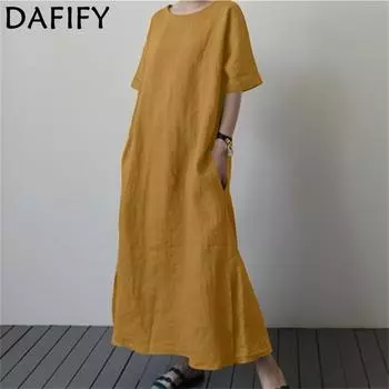DAFIFY женские модные летние весенние однотонные повседневные платья с коротким рукавом и круглым вырезом с высокой талией и принтом S жёлтый