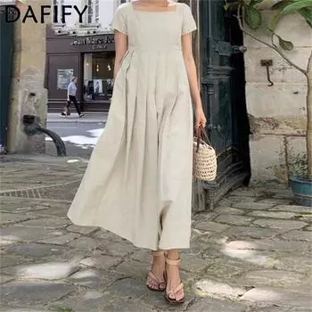DAFIFY женские модные летние весенние однотонные повседневные платья с короткими рукавами и квадратным воротником и высокой талией S хаки