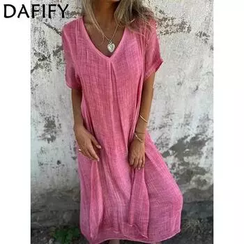 DAFIFY женские модные летние весенние однотонные повседневные платья с короткими рукавами и v-образным вырезом со средней талией и принтом S розовый