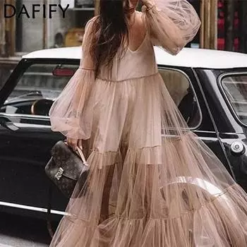 DAFIFY женские модные летние весенние однотонные повседневные платья с длинным рукавом и v-образным вырезом и высокой талией