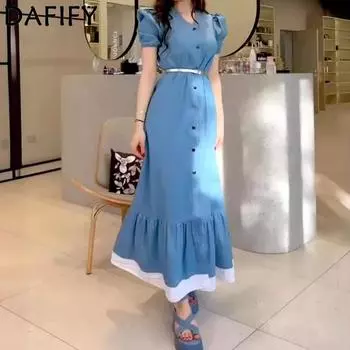 DAFIFY женские модные летние весенние однотонные повседневные платья с короткими рукавами и v-образным вырезом со средней талией и принтом S