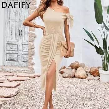 DAFIFY женские модные летние весенние однотонные повседневные платья с короткими рукавами и средней талией с принтом