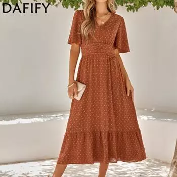 DAFIFY женские модные летние весенние однотонные повседневные платья с короткими рукавами и v-образным вырезом со средней талией и принтом