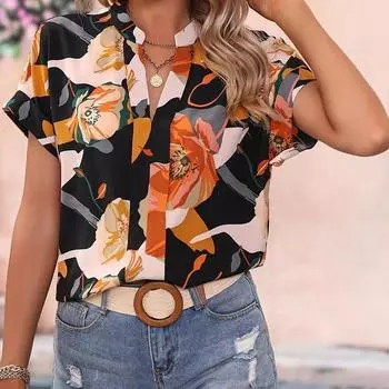 DAFIFY женские модные летние весенние повседневные блузки и рубашки с цветочным узором и принтом, с короткими рукавами и v-образным вырезом M чёрный
