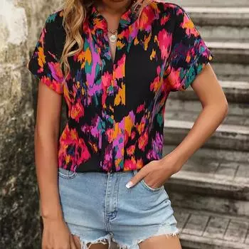 DAFIFY женские модные летние весенние повседневные блузки и рубашки с цветочным узором и принтом, с короткими рукавами и v-образным вырезом S красный