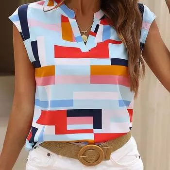 DAFIFY женские модные летние весенние повседневные блузки и рубашки без рукавов с v-образным вырезом и геометрическим принтом XXL