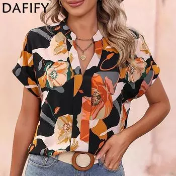 DAFIFY женские модные летние весенние повседневные блузки и рубашки с цветочным узором и принтом, с короткими рукавами и v-образным вырезом L чёрный