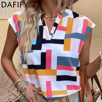 DAFIFY женские модные летние весенние повседневные блузки и рубашки без рукавов с v-образным вырезом и геометрическим принтом S