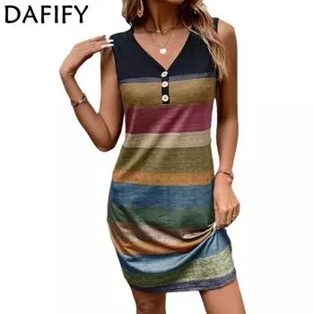 DAFIFY женские модные летние весенние повседневные платья без рукавов с v-образным вырезом и средней талией в полоску S