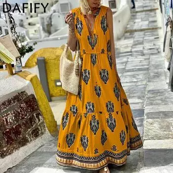 DAFIFY Женские модные летние весенние повседневные платья без рукавов в богемном стиле с принтом S белый