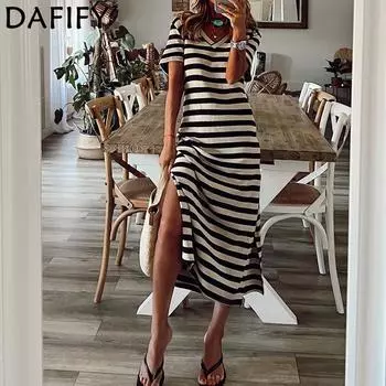 DAFIFY Женские модные летние весенние повседневные платья с коротким рукавом и v-образным вырезом в полоску с принтом S