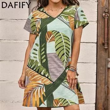 DAFIFY Женские модные летние весенние повседневные платья с короткими рукавами и v-образным вырезом