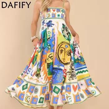 DAFIFY женские модные летние весенние повседневные платья без рукавов с подтяжками и принтом граффити и высокой талией
