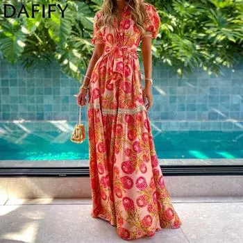 DAFIFY женские модные летние весенние повседневные платья в богемном стиле с короткими рукавами и воротником-поло с высокой талией S красный